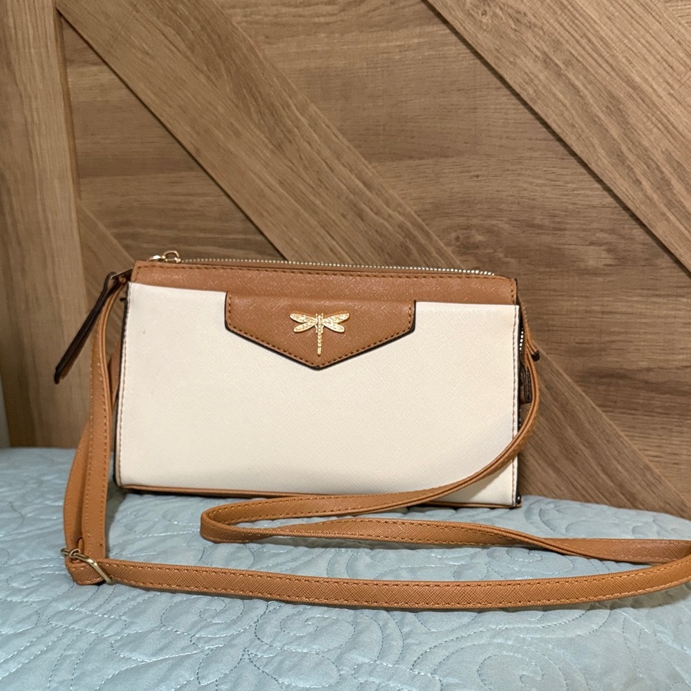 Elegant Cream and Tan Crossbody Bag with Dragonfly Detail